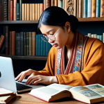 **A translator working on a laptop, surrounded by books and cultural artifacts from different countries, symbolizing the bridge between languages and cultures.**