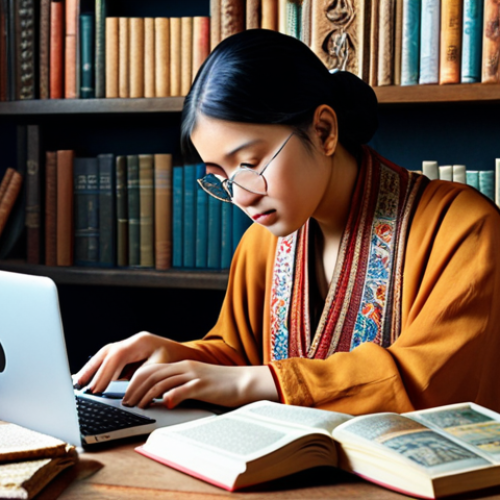 Home 18 **A translator working on a laptop, surrounded by books and cultural artifacts from different countries, symbolizing the bridge between languages and cultures.**