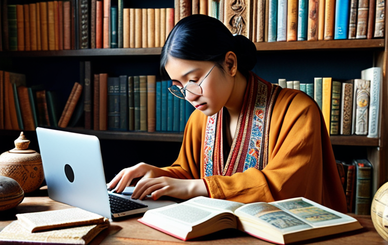 **A translator working on a laptop, surrounded by books and cultural artifacts from different countries, symbolizing the bridge between languages and cultures.**