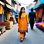 **

"A Pakistani woman in a beautifully embroidered shalwar kameez, fully clothed, modest clothing, walking through a vibrant marketplace in Lahore, Pakistan. Colorful textiles, spices, and traditional crafts surround her. Safe for work, appropriate content, perfect anatomy, natural proportions, professional photography, high quality."

**