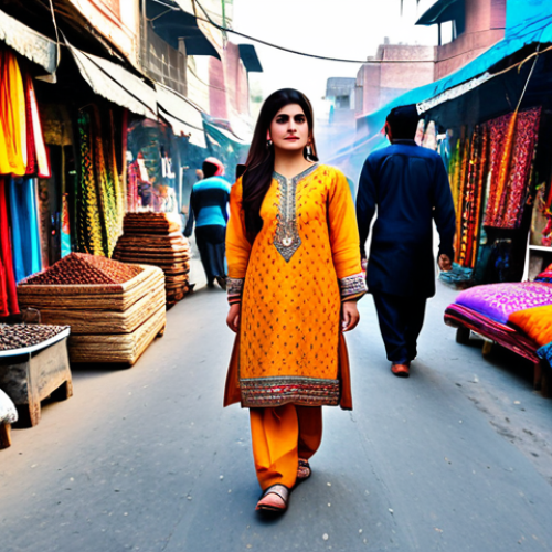 Home 17 **
"A Pakistani woman in a beautifully embroidered shalwar kameez, fully clothed, modest clothing, walking through a vibrant marketplace in Lahore, Pakistan. Colorful textiles, spices, and traditional crafts surround her. Safe for work, appropriate content, perfect anatomy, natural proportions, professional photography, high quality."
**
