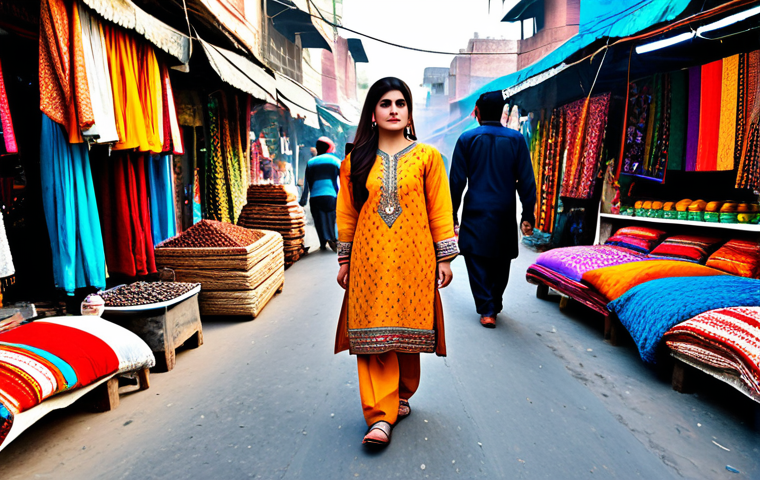 **

"A Pakistani woman in a beautifully embroidered shalwar kameez, fully clothed, modest clothing, walking through a vibrant marketplace in Lahore, Pakistan. Colorful textiles, spices, and traditional crafts surround her. Safe for work, appropriate content, perfect anatomy, natural proportions, professional photography, high quality."

**